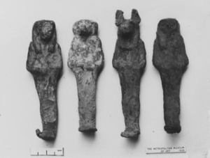 Figures of the Four Sons of Horus found in the abdominal cavity of Nesenaset. Mud and wax. The Metropolitan Museum of Art, 25.3.156a–d.